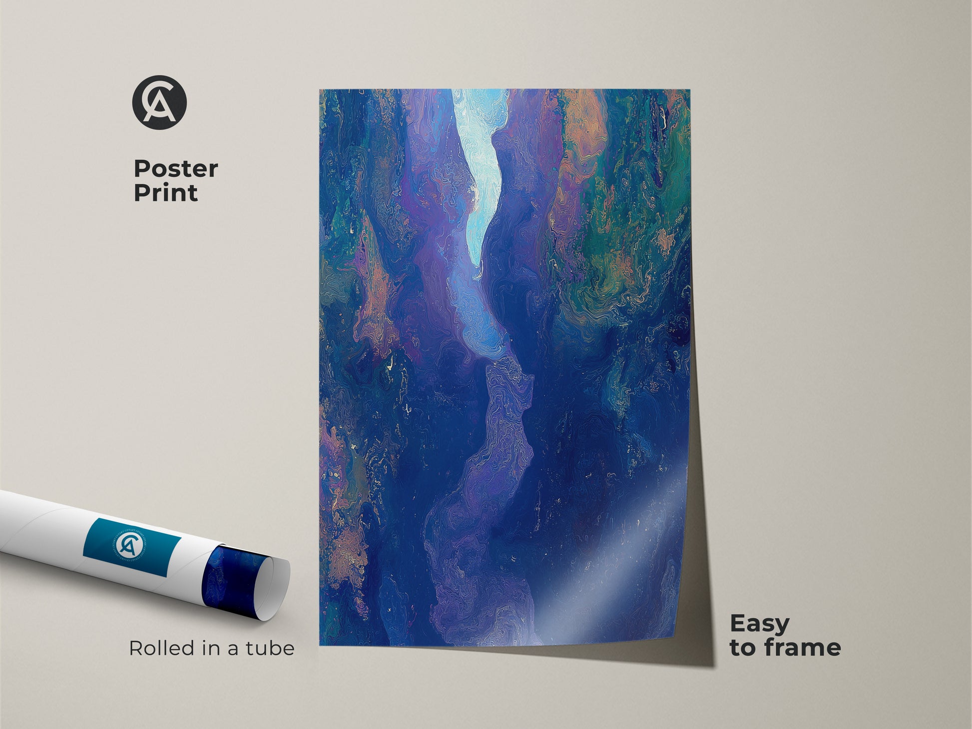 Poster print of abstract fluid art. The piece showcases deep blue purple teal tones. Rolled in a tube this contemporary river canyon artwork is easy to frame. Add modern art to your home today.