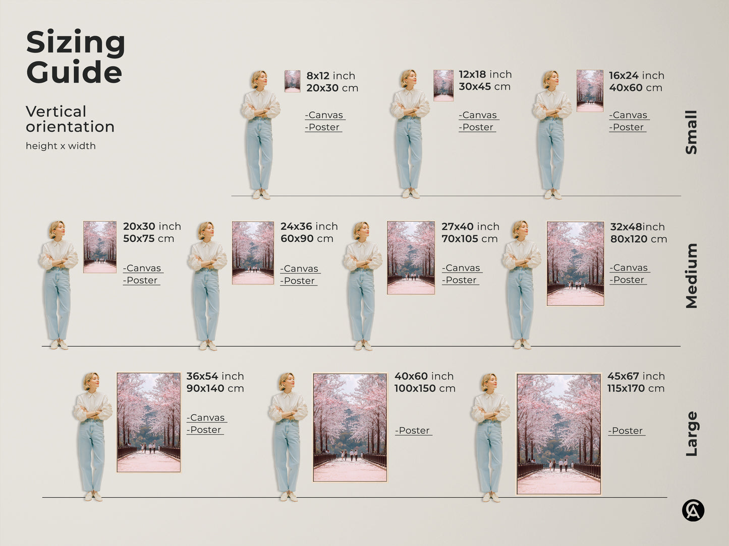 Find the perfect size for your romantic spring walk art print. This sizing guide shows various vertical orientations. Options range from small to large canvas and poster prints. Visualize how each size fits into your space. Sizes include 8x12 to 45x67 inches.