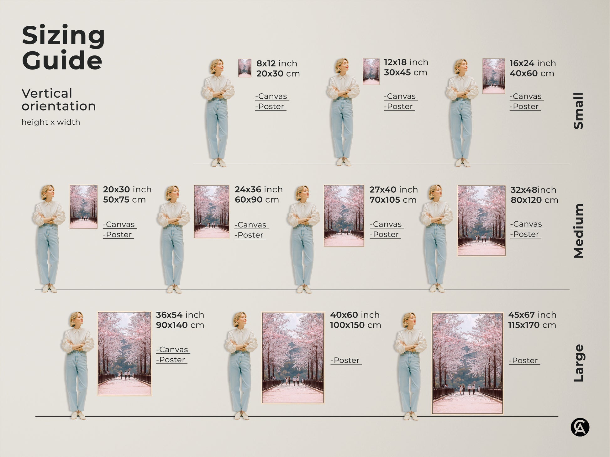 Find the perfect size for your romantic spring walk art print. This sizing guide shows various vertical orientations. Options range from small to large canvas and poster prints. Visualize how each size fits into your space. Sizes include 8x12 to 45x67 inches.