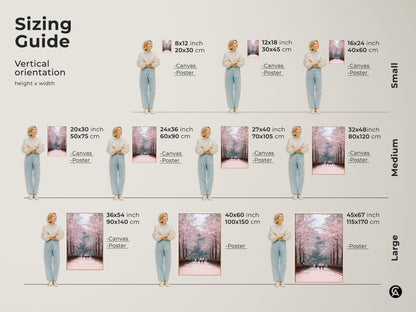 Find the perfect size for your romantic spring walk art print. This sizing guide shows various vertical orientations. Options range from small to large canvas and poster prints. Visualize how each size fits into your space. Sizes include 8x12 to 45x67 inches.