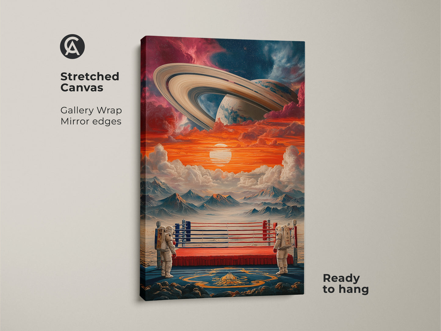 Stretched canvas of astronaut boxing ring surreal space wall art. The gallery wrapped canvas has mirror edges. The art features Saturn in an orange and blue cosmic scene. The canvas is ready to hang.