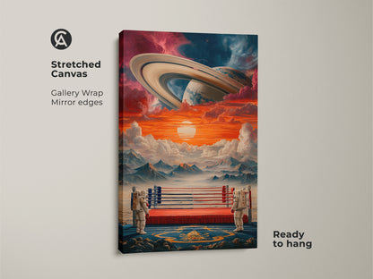 Stretched canvas of astronaut boxing ring surreal space wall art. The gallery wrapped canvas has mirror edges. The art features Saturn in an orange and blue cosmic scene. The canvas is ready to hang.