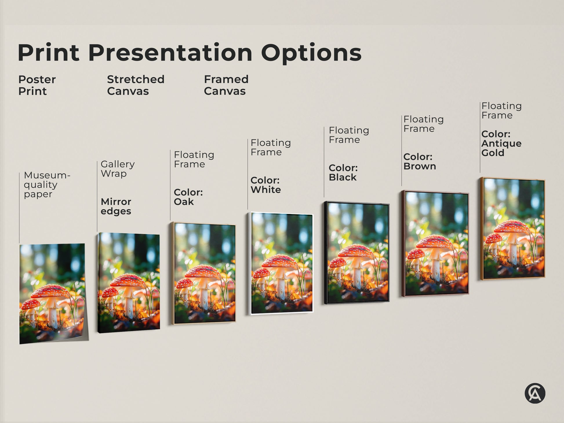 Explore art print presentation options. Choose from poster prints stretched canvas or framed canvas. Find the perfect mushroom artwork for your space. Museum quality paper and mirrored edges available.