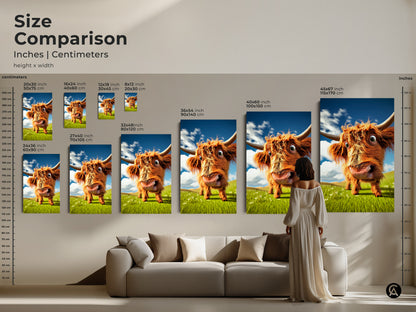 Compare sizes in inches and centimeters. Visualize how our Highland cow art fits above your sofa. Choose from various sizes to create the perfect focal point. Transform your living room with this charming farmhouse piece.