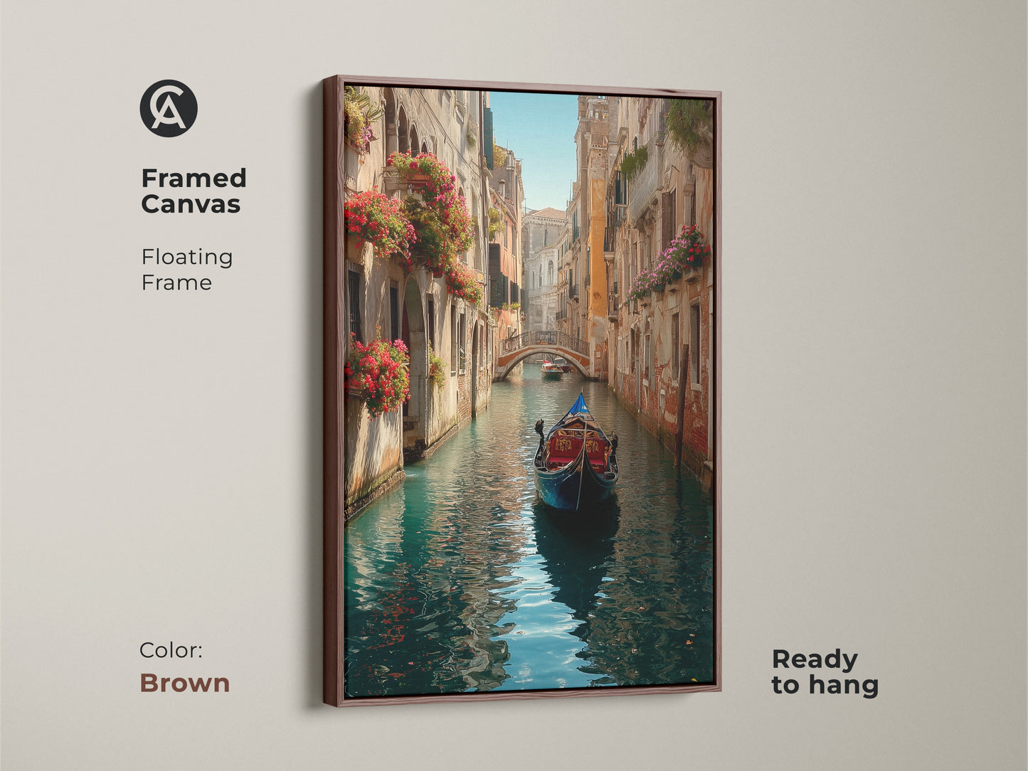 Add warmth to your home with this framed Venice canvas art. The artwork features a gondola on a canal surrounded by historic buildings. Flower boxes with red flowers enhance the scene. The brown floating frame complements the art. Get yours today!