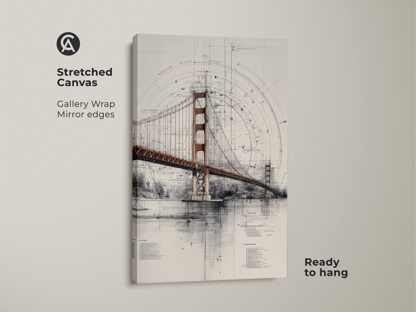 Stretched canvas of the Golden Gate Bridge blueprint. This architectural technical drawing wall art features gallery wrapped mirrored edges. It comes ready to hang bringing iconic travel landmark beauty to any space. A great engineering gift.