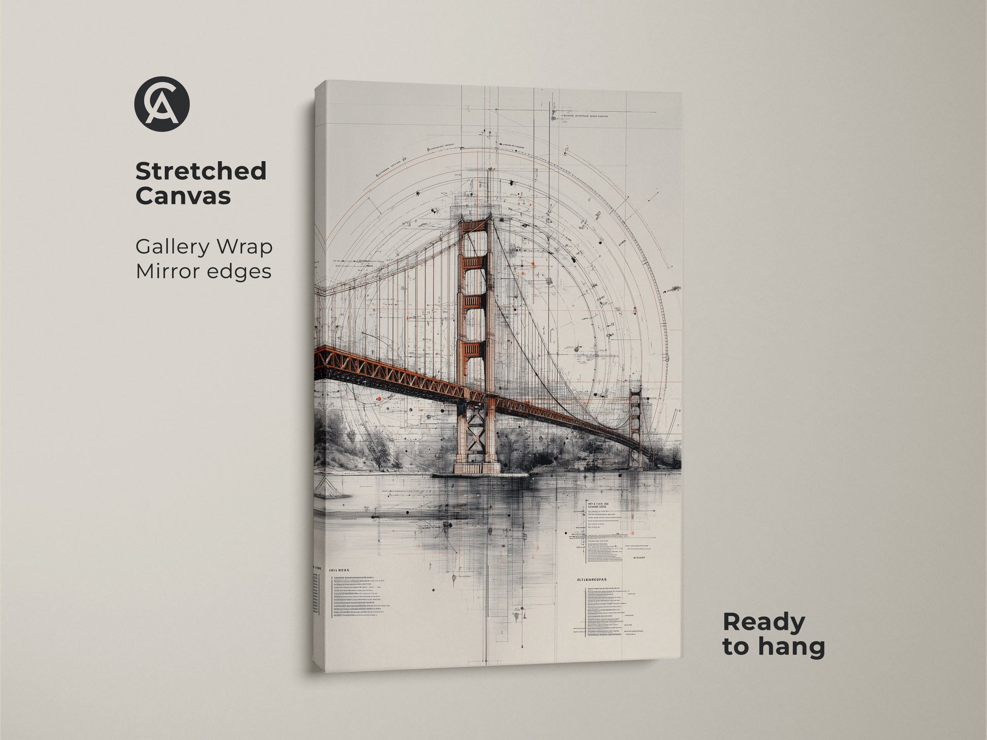 Stretched canvas of the Golden Gate Bridge blueprint. This architectural technical drawing wall art features gallery wrapped mirrored edges. It comes ready to hang bringing iconic travel landmark beauty to any space. A great engineering gift.