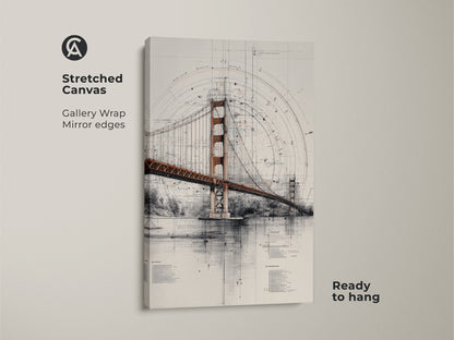 Stretched canvas of the Golden Gate Bridge blueprint. This architectural technical drawing wall art features gallery wrapped mirrored edges. It comes ready to hang bringing iconic travel landmark beauty to any space. A great engineering gift.