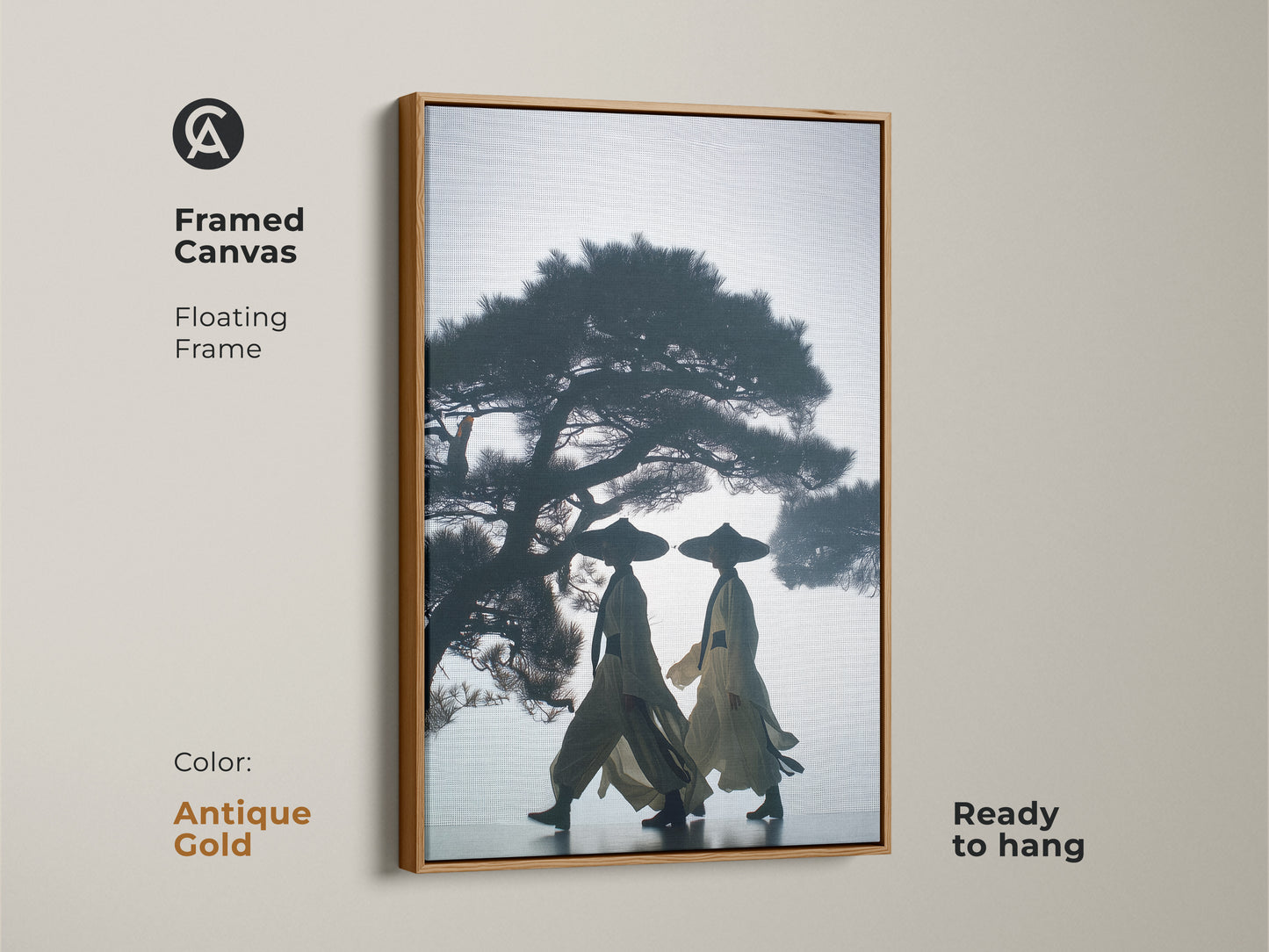 Framed canvas art print of silhouetted figures in traditional attire. The Japandi wall artwork features a floating frame. This dark blue beige canvas is ready to hang in an antique gold frame. The neutral color palette art is perfect as modern entryway art.