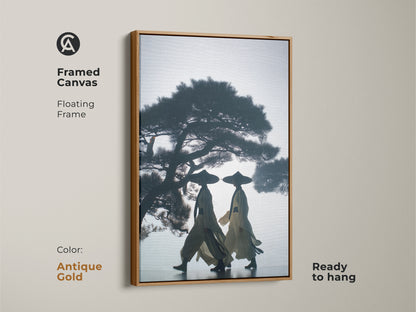 Framed canvas art print of silhouetted figures in traditional attire. The Japandi wall artwork features a floating frame. This dark blue beige canvas is ready to hang in an antique gold frame. The neutral color palette art is perfect as modern entryway art.