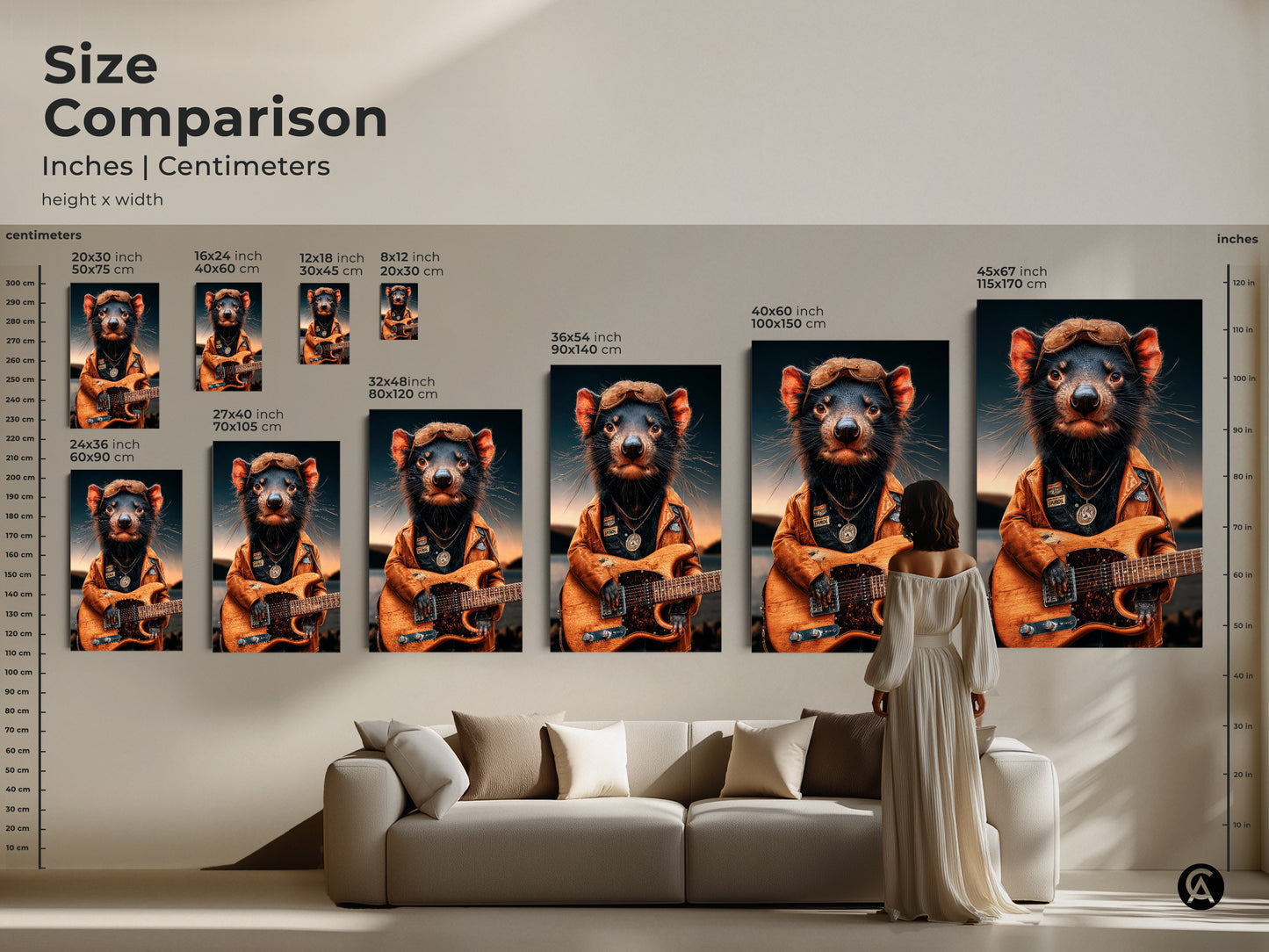 Size comparison of Tasmanian devil guitarist artwork. See inches and centimeters for canvas and poster prints. Visualize 12x18 to 45x67 sizes. Find the perfect scale for your eclectic home decor. Cool gift for musicians.