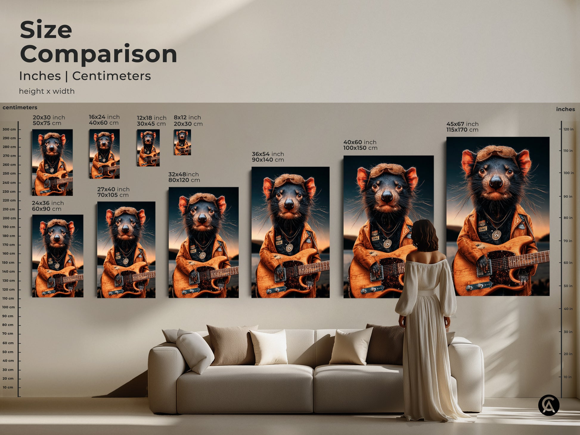 Size comparison of Tasmanian devil guitarist artwork. See inches and centimeters for canvas and poster prints. Visualize 12x18 to 45x67 sizes. Find the perfect scale for your eclectic home decor. Cool gift for musicians.