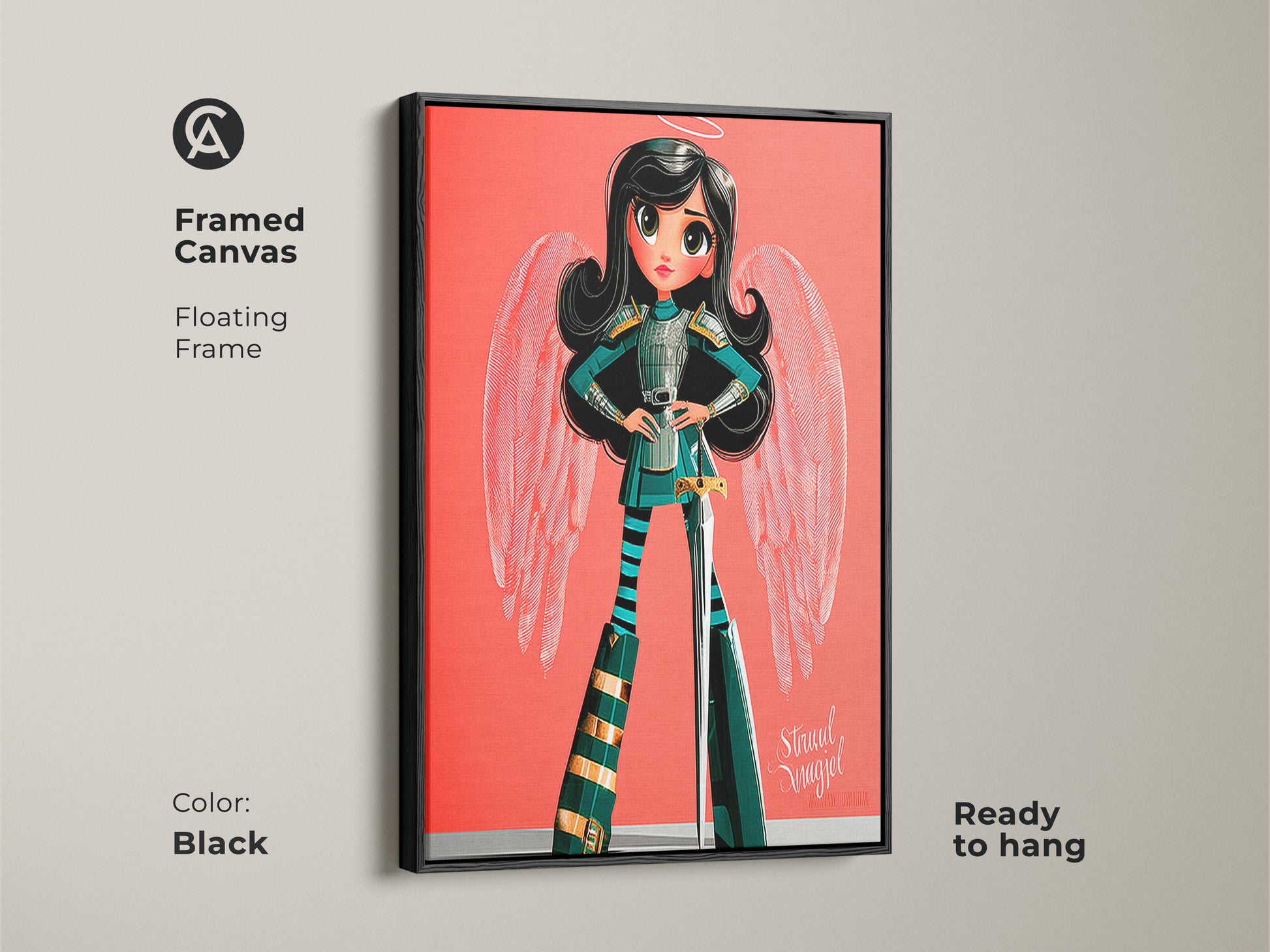 This framed canvas features the playable angel print with a black floating frame. The fantasy character wall decor is ready to hang. Ideal kids birthday gift art for creating an inviting eclectic space.