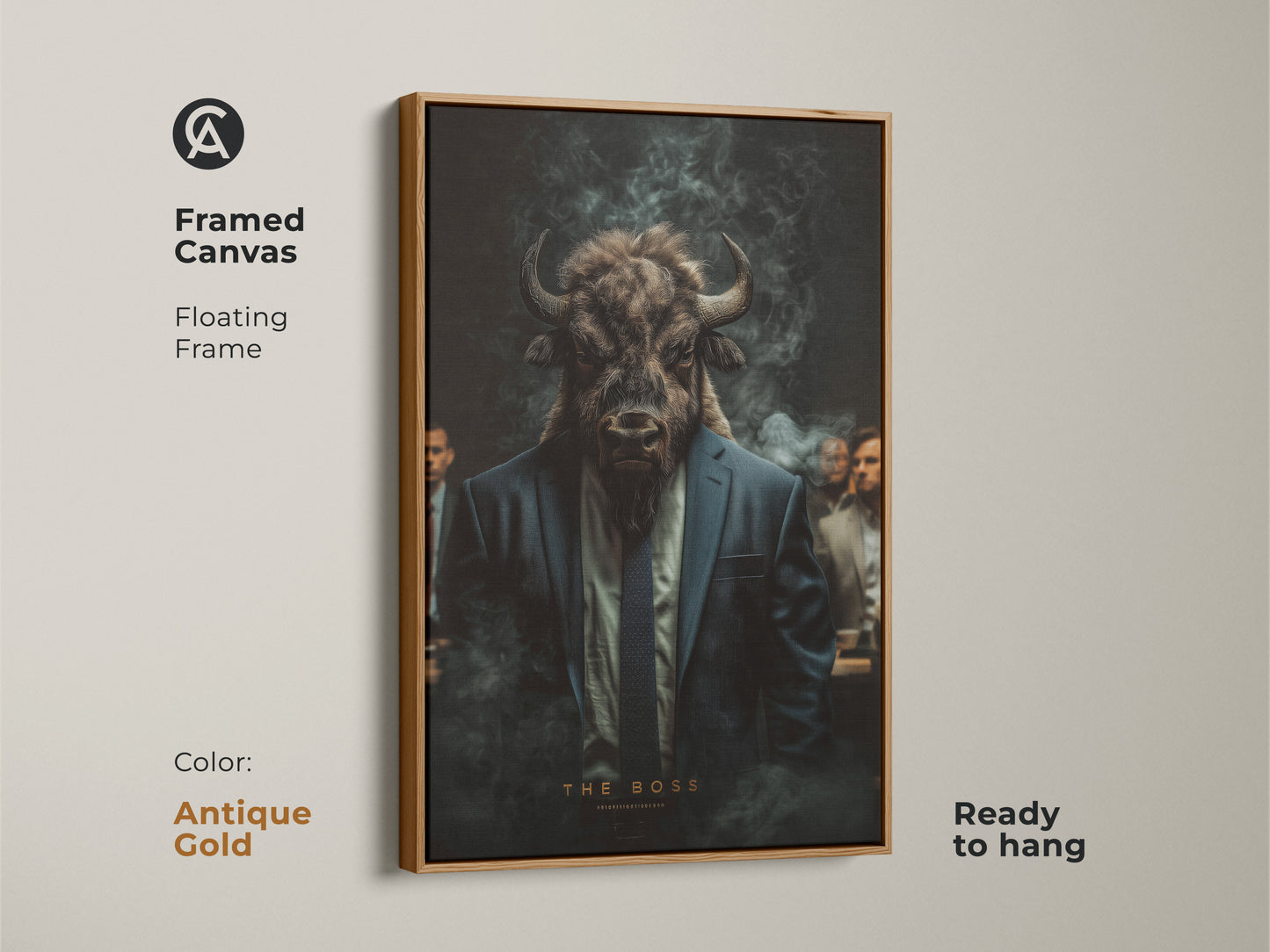 Framed canvas artwork of a bull-headed man in a suit. Floating frame in antique gold. The artwork is ready to hang. Add a touch of luxury to your decor. Perfect for art collectors. Make a statement.