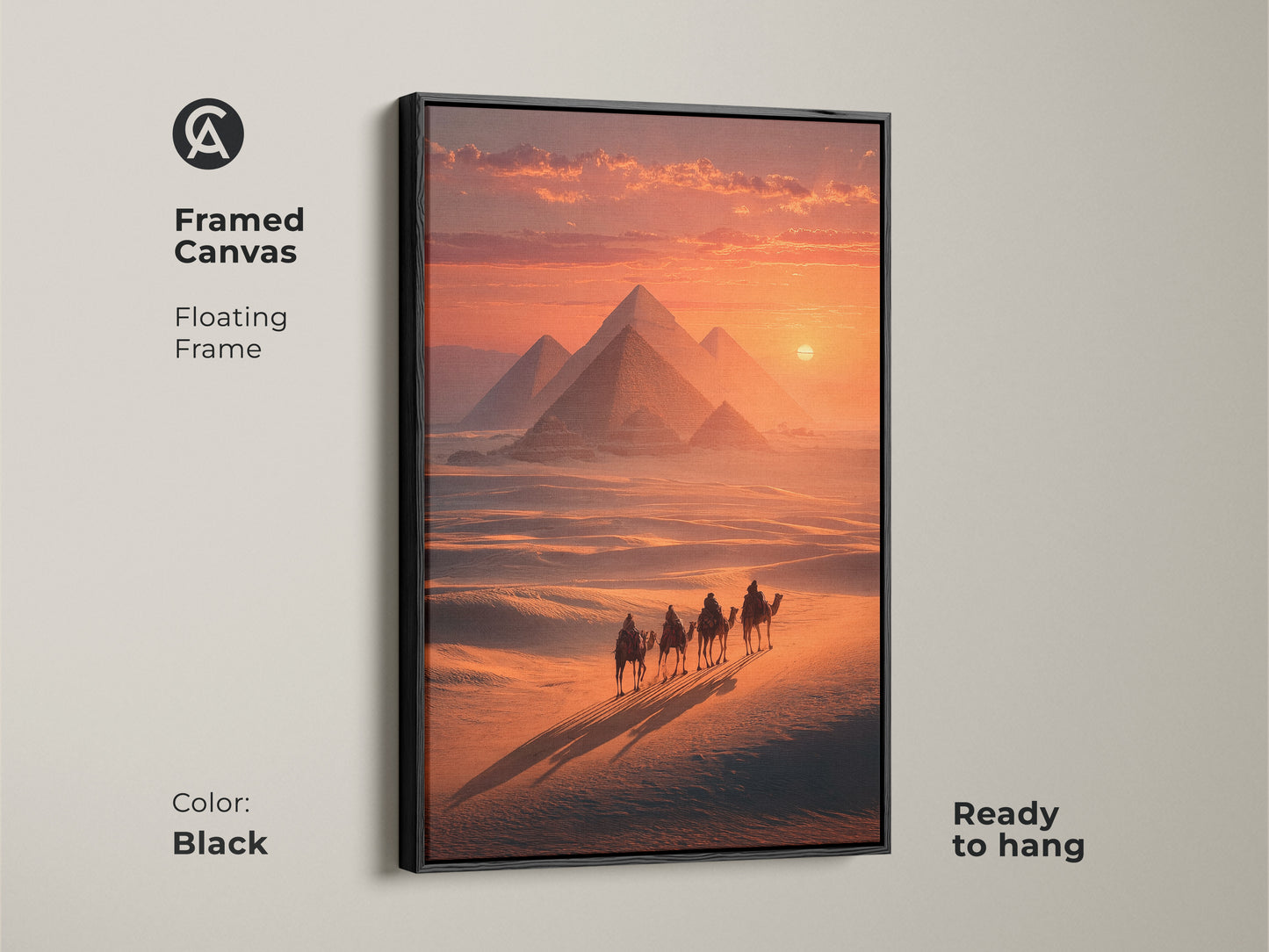 Admire the Egypt Pyramids Camel Sunset art in a framed canvas with a black floating frame. Ready to hang this artwork features a desert landscape with a camel caravan and pyramids at sunset. The golden yellow hues add warmth to any room. A perfect piece of travel themed decor.