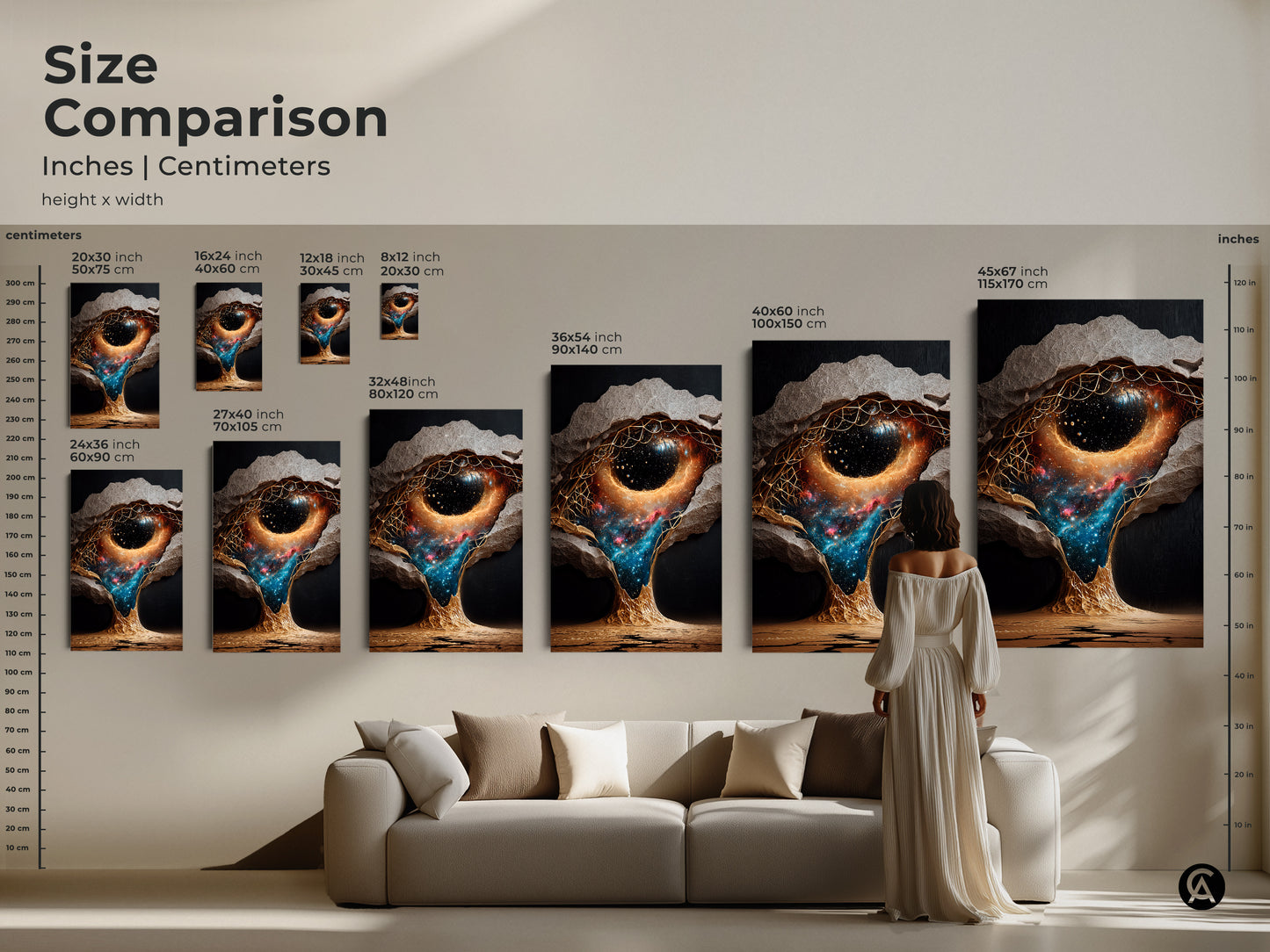 Size comparison of surreal abstract galaxy wall art. See how gold & blue space art fits above a sofa. Ranging from 20x30 cm to 45x67 inch celestial nebula canvas. Perfect abstract cosmic landscape.