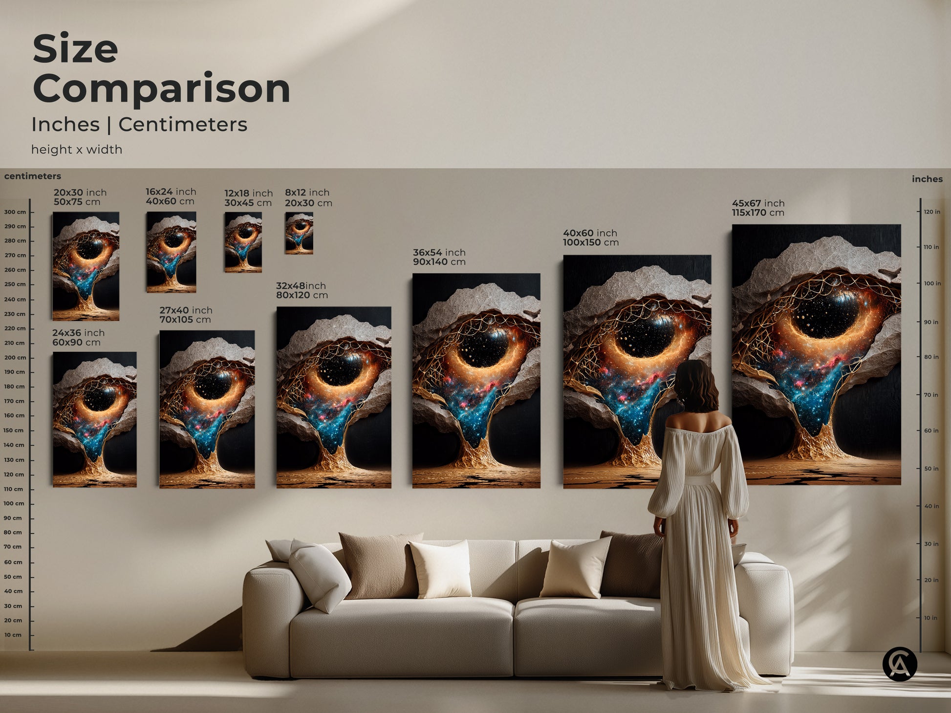 Size comparison of surreal abstract galaxy wall art. See how gold & blue space art fits above a sofa. Ranging from 20x30 cm to 45x67 inch celestial nebula canvas. Perfect abstract cosmic landscape.