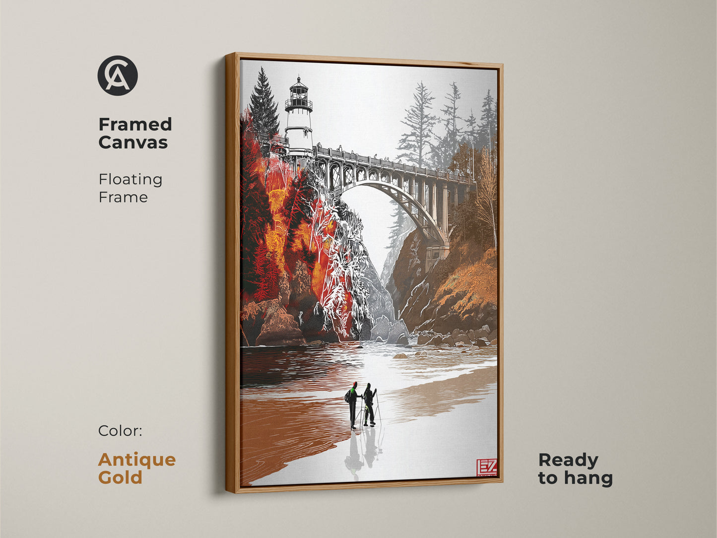 Framed canvas showcasing lighthouse bridge artwork in a antique gold floating frame. This orange red landscape art offers a coastal farmhouse aesthetic. Ready to hang and brings a touch of rustic charm. Ideal entryway wall decor makes a great housewarming present for travelers.
