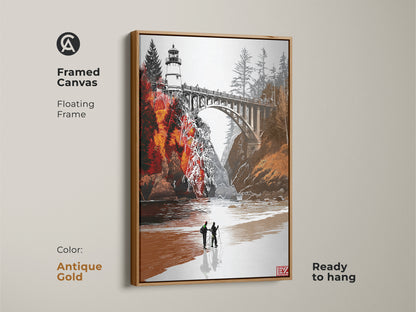 Framed canvas showcasing lighthouse bridge artwork in a antique gold floating frame. This orange red landscape art offers a coastal farmhouse aesthetic. Ready to hang and brings a touch of rustic charm. Ideal entryway wall decor makes a great housewarming present for travelers.