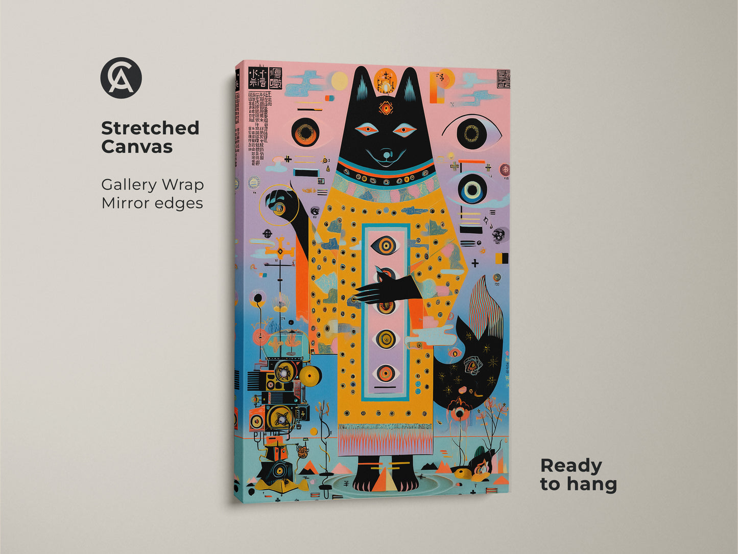 Stretched canvas art featuring an abstract geometric dog. The gallery wrap has mirror edges. It's ready to hang as eclectic home office art. A surreal dog spirit canvas print with teal pink yellow hues.