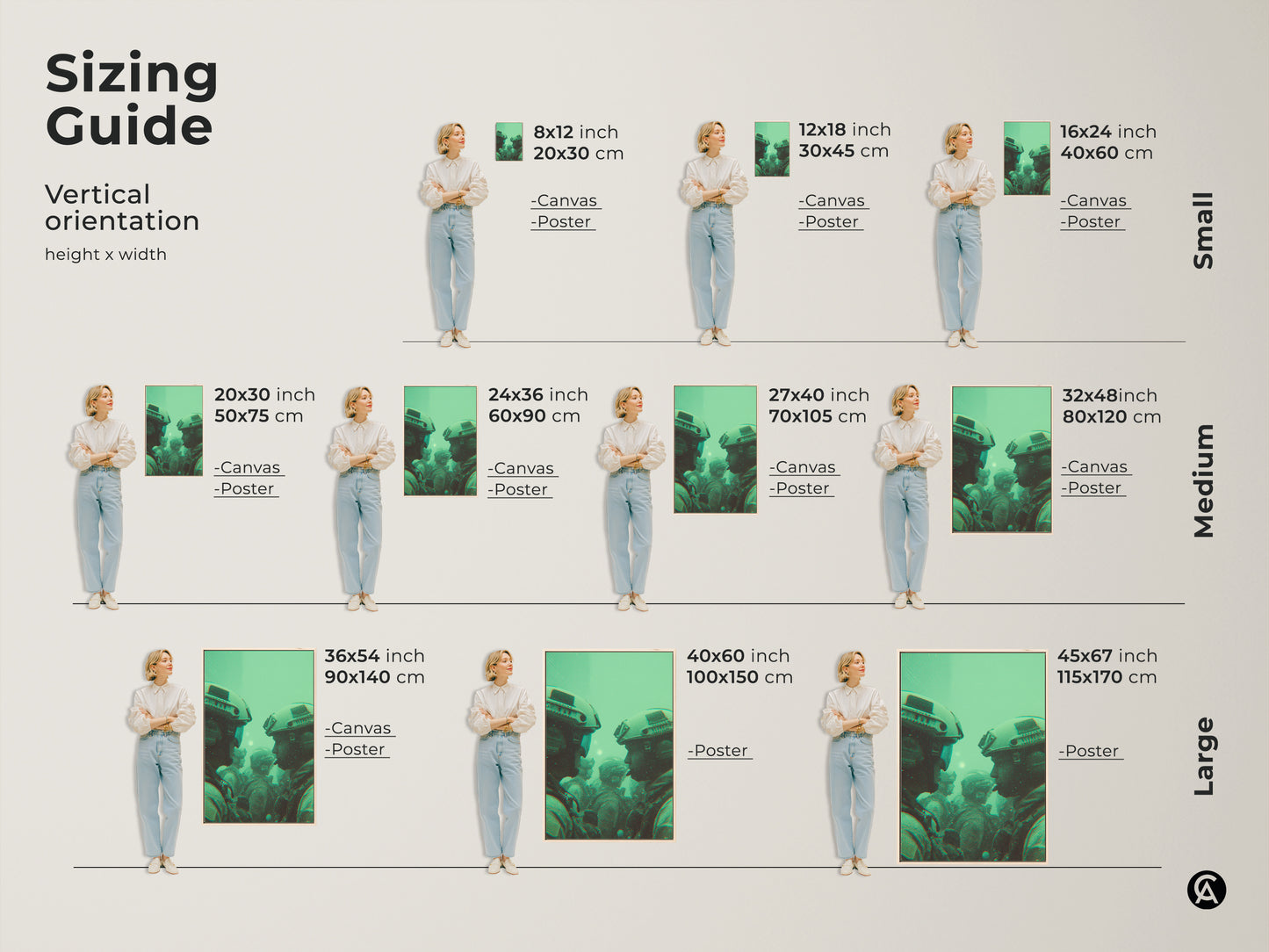 Sizing guide for soldier artwork. Choose the perfect vertical canvas or poster. Sizes range from small 8x12 inch to large 45x67 inch prints. Find the ideal fit for your space. Shop now and elevate your decor