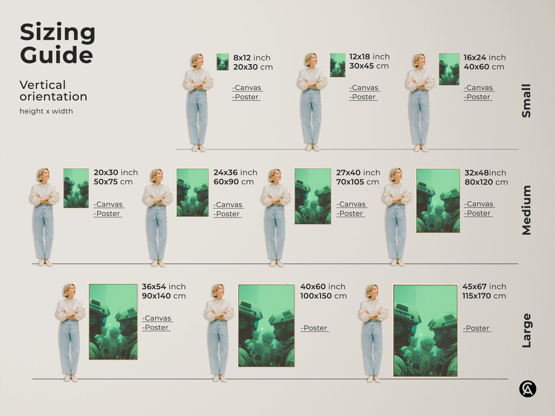 Sizing guide for soldier artwork. Choose the perfect vertical canvas or poster. Sizes range from small 8x12 inch to large 45x67 inch prints. Find the ideal fit for your space. Shop now and elevate your decor