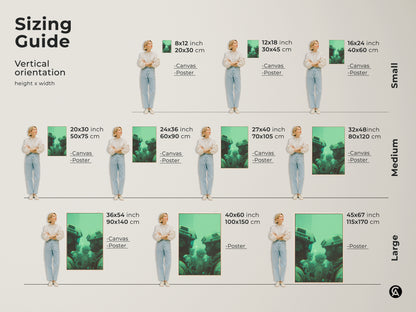 Sizing guide for soldier artwork. Choose the perfect vertical canvas or poster. Sizes range from small 8x12 inch to large 45x67 inch prints. Find the ideal fit for your space. Shop now and elevate your decor