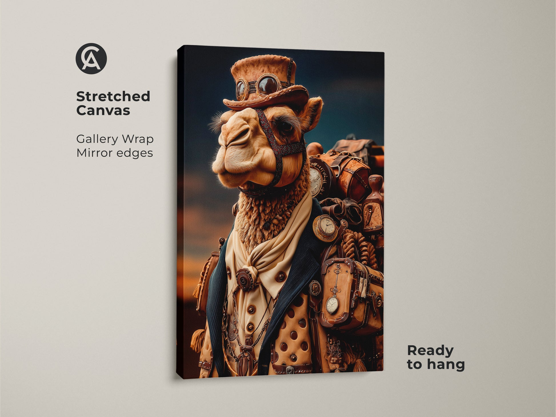 Stretched Canvas Steampunk Camel artwork. The canvas shows a camel with goggles and gears. This Victorian adventure wall art adds an eclectic touch to any room. Ready to hang with gallery wrapped edges.