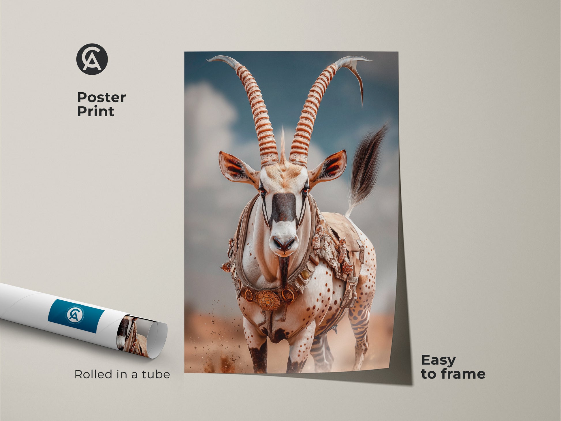 Desert Oryx poster print shows desert animal in detail.  Easy to frame wall art rolled in protective tube. Photorealistic wildlife is perfect safari lover gift. Sandy beige and sky blue bring nature indoors.  Museum-quality paper ensures lasting beauty.
