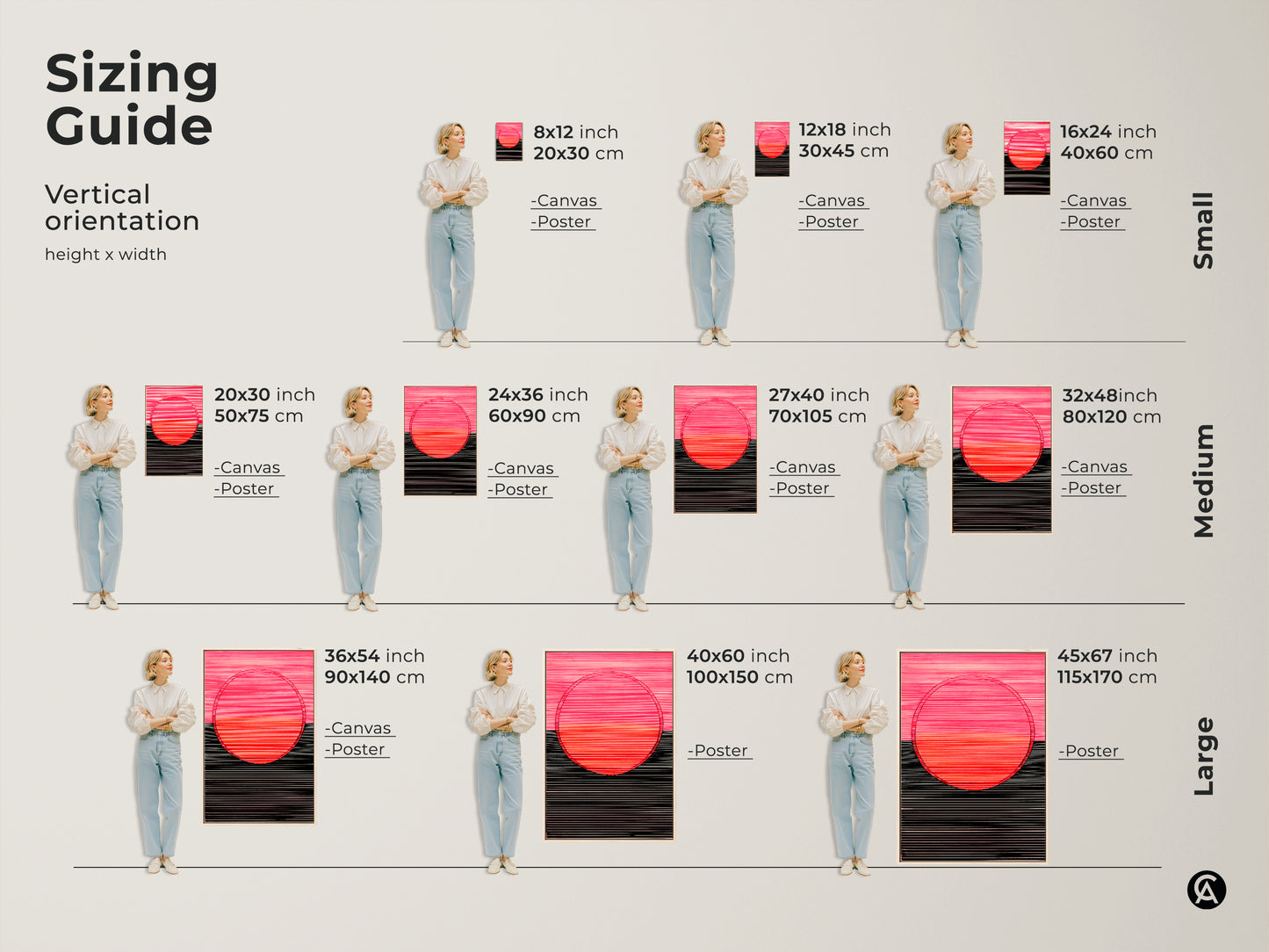 Sizing guide for modern abstract art print. The vertical orientation allows for canvas or poster options. Small medium and large sizes are available for the minimalist hot pink wall decor.