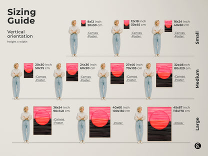 Sizing guide for modern abstract art print. The vertical orientation allows for canvas or poster options. Small medium and large sizes are available for the minimalist hot pink wall decor.