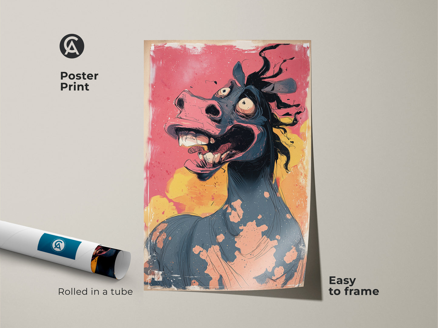 This poster print shows a cartoon horse artwork. It's an easy-to-frame piece. The grotesque animal art is rolled in a tube. The pink teal and yellow colors make it vibrant. It is perfect for a studio or office decor.