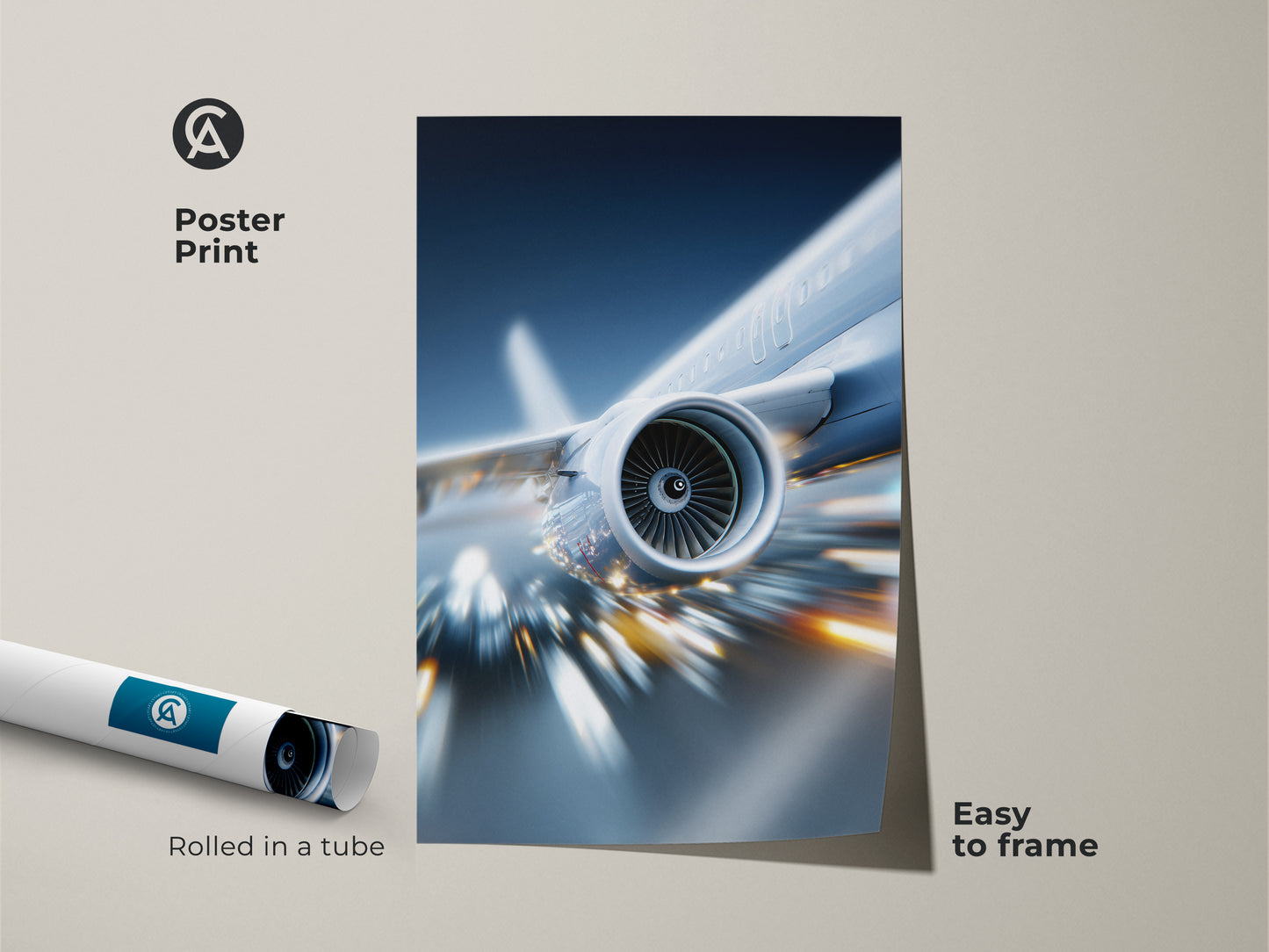 Poster print of an airplane engine rolled in a tube easy to frame. The futuristic aviation art features deep blue silver and yellow orange. Great for tech enthusiasts and transportation decor.