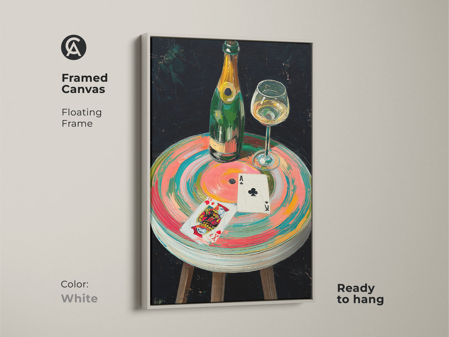 Framed Canvas showing the playing cards canvas print with a white floating frame. The teal accent wall decor evokes a sense of celebration. It's a thoughtful gift for wine enthusiasts.