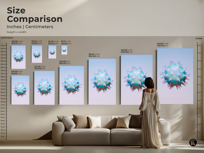 Size comparison of holographic abstract cell art prints. See the various sizes in inches and centimeters. The artwork is displayed above a couch with a woman standing next to it for scale.