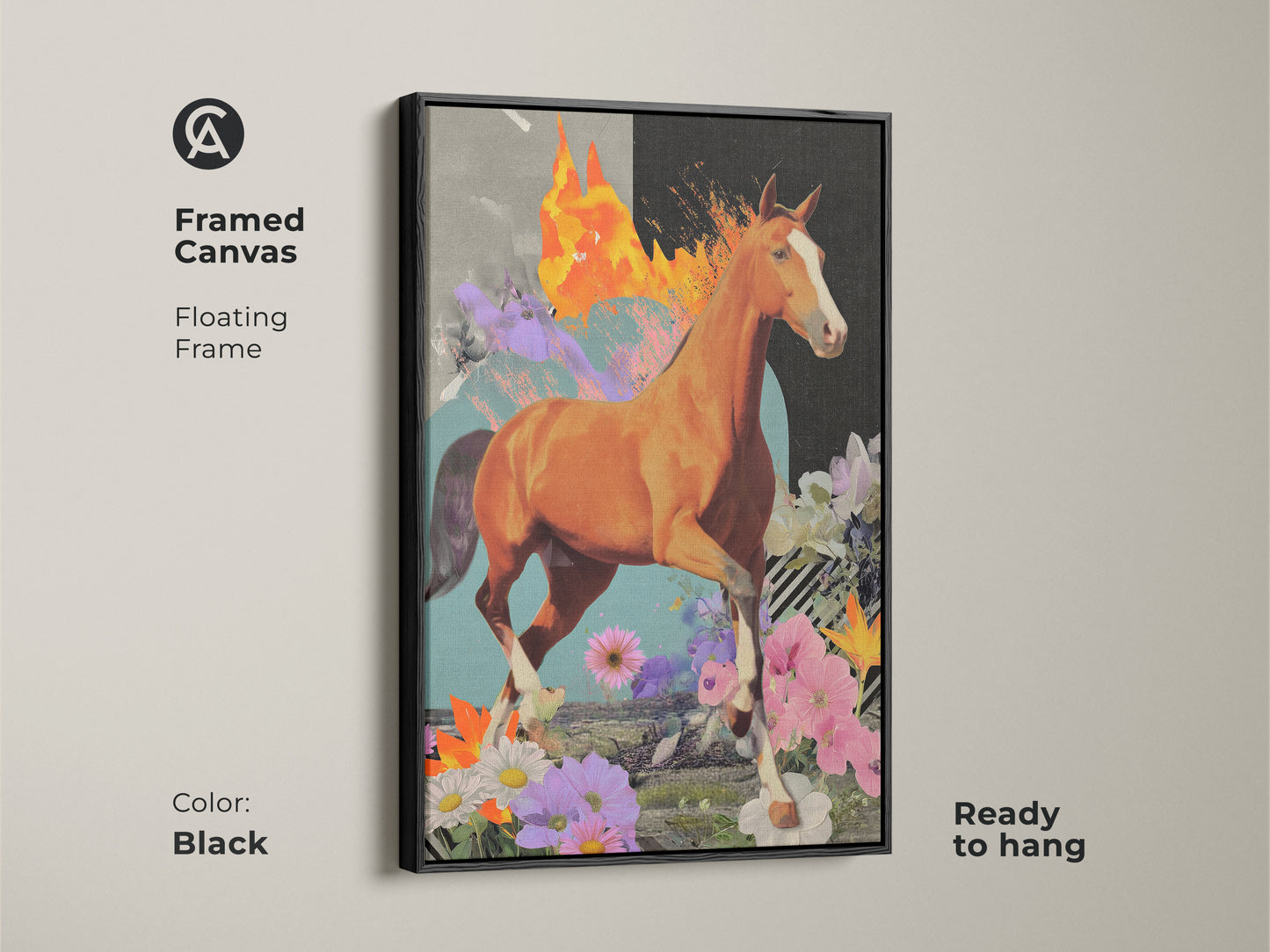 The framed canvas features a surreal horse artwork with a floating frame. This eclectic collage wall art showcases a dynamic horse and abstract textures. The black frame enhances the orange brown and teal tones. Ready to hang this mixed media horse print is a unique wall art for any room.