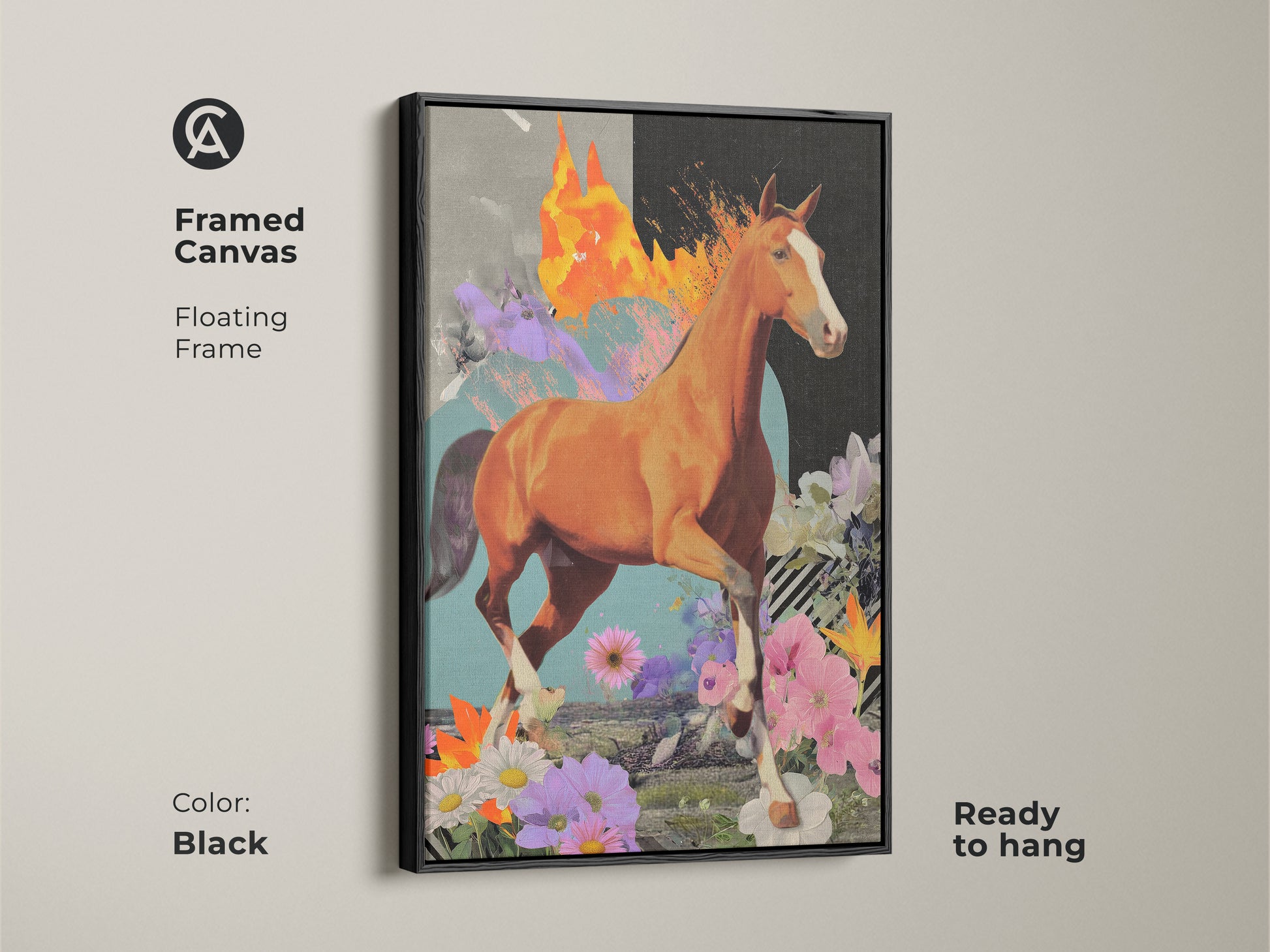 The framed canvas features a surreal horse artwork with a floating frame. This eclectic collage wall art showcases a dynamic horse and abstract textures. The black frame enhances the orange brown and teal tones. Ready to hang this mixed media horse print is a unique wall art for any room.