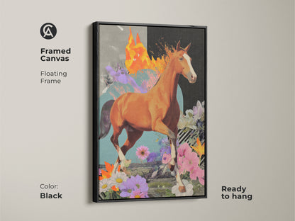 The framed canvas features a surreal horse artwork with a floating frame. This eclectic collage wall art showcases a dynamic horse and abstract textures. The black frame enhances the orange brown and teal tones. Ready to hang this mixed media horse print is a unique wall art for any room.