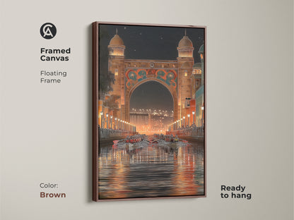 Framed canvas showcases an Art Deco cityscape with a brown floating frame. The illustrative artwork has an archway and rowing boats in orange gold teal. Ready to hang this art deco home decor brings sophistication to your walls. It is a unique travel gift.