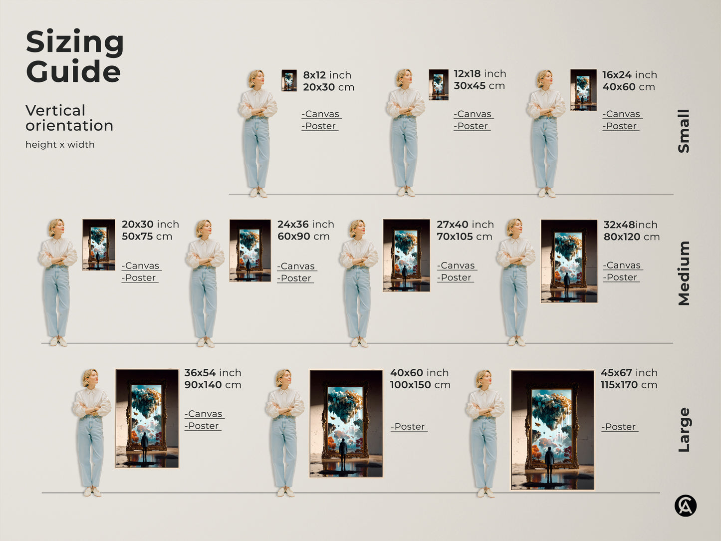 Sizing guide for vertical surreal art prints. Available in small medium and large sizes. Choose canvas or poster prints to fit your space. Find your perfect dreamy portal wall art.