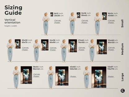 Sizing guide for vertical surreal art prints. Available in small medium and large sizes. Choose canvas or poster prints to fit your space. Find your perfect dreamy portal wall art.