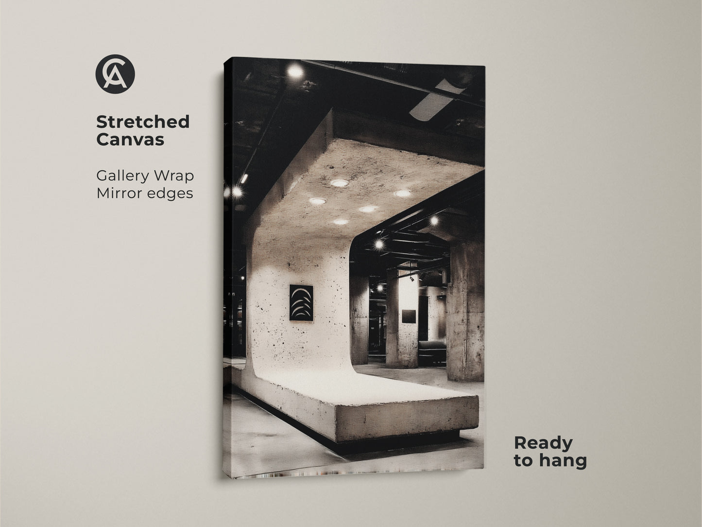 Black and white canvas art on stretched canvas. Gallery wrapped concrete artwork provides modern minimalist decor. Industrial loft wall art complements contemporary office decor. Ready to hang for easy setup. Elevate your space with our unique collection.