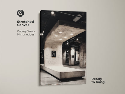 Black and white canvas art on stretched canvas. Gallery wrapped concrete artwork provides modern minimalist decor. Industrial loft wall art complements contemporary office decor. Ready to hang for easy setup. Elevate your space with our unique collection.