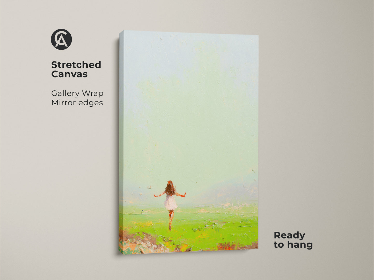 Bring nature's wonder to your walls with this expressive girl in field painting. This boho bedroom wall art canvas features a girl in an expansive green field under a soft sky. This impressionistic artwork is perfect for adding a touch of freedom to any space. It is ready to hang and enjoy.