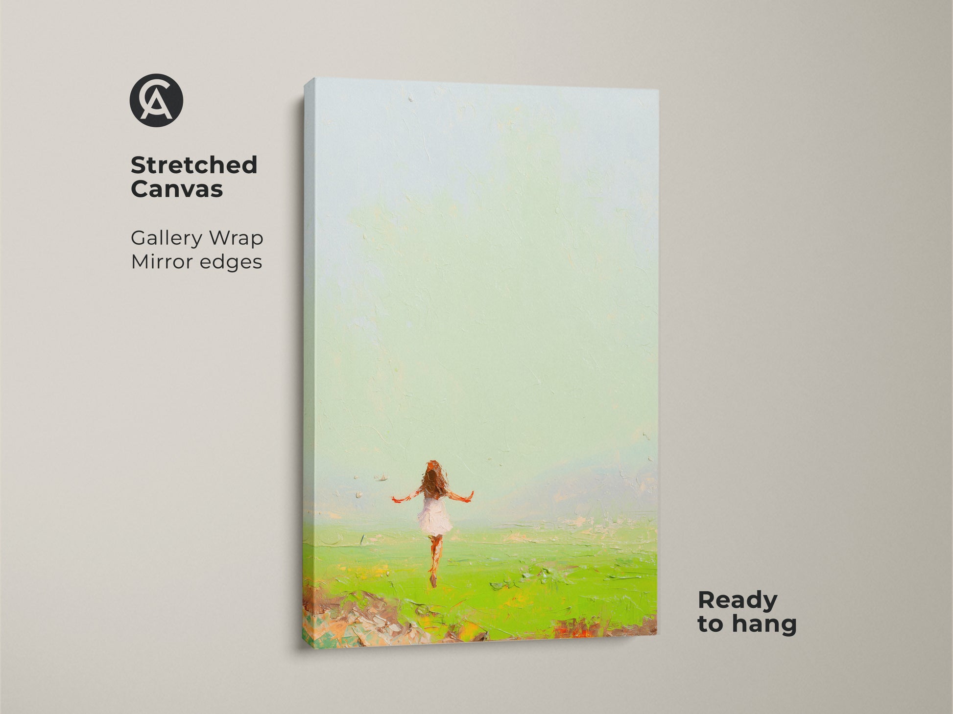 Bring nature's wonder to your walls with this expressive girl in field painting. This boho bedroom wall art canvas features a girl in an expansive green field under a soft sky. This impressionistic artwork is perfect for adding a touch of freedom to any space. It is ready to hang and enjoy.