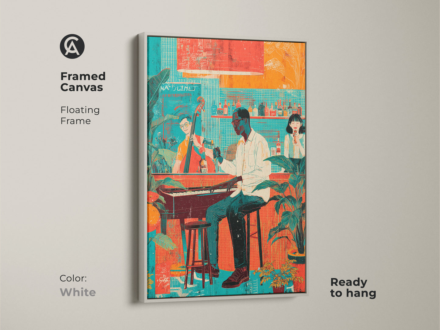 Framed canvas art of a jazz band with a floating white frame. The retro teal red and orange artwork features a pianist and singer. Excellent unique music poster art for a home bar.