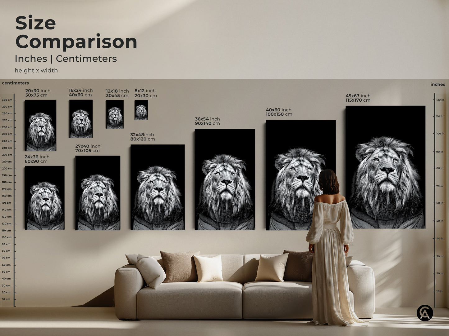 Size comparison of a realistic monochrome lion portrait in inches and centimeters. This black and white lion canvas comes in various sizes. Ranging from 20x30 inch to 45x67 inch. Find the perfect wildlife animal art decor for your modern home. The ideal animal lover gift.
