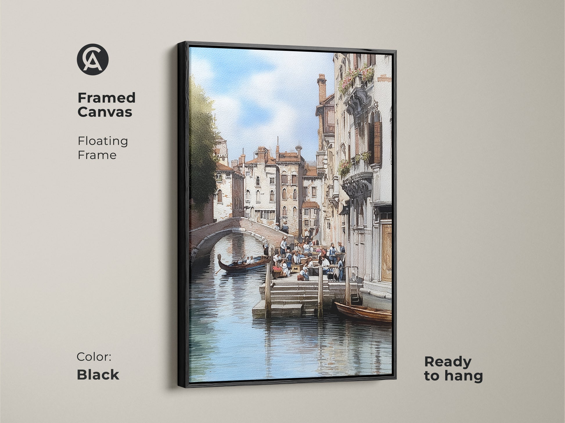 Framed canvas art in black featuring a Venice canal. The floating frame is ready to hang. This Italian architecture art showcases a traditional cityscape with a gondola boat. A perfect housewarming gift for travel lovers seeking classic Italian decor and elegant home decor.