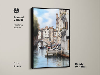 Framed canvas art in black featuring a Venice canal. The floating frame is ready to hang. This Italian architecture art showcases a traditional cityscape with a gondola boat. A perfect housewarming gift for travel lovers seeking classic Italian decor and elegant home decor.