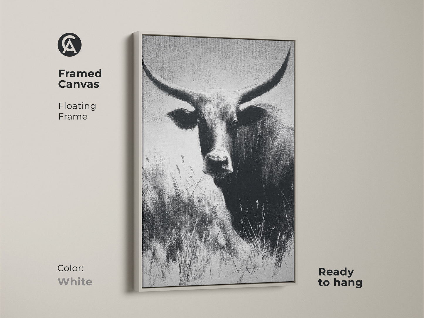 White framed canvas showing monochrome cow art. The floating frame enhances this textured bull print. Ready to hang farmhouse animal artwork. Rustic wildlife decor for any room.